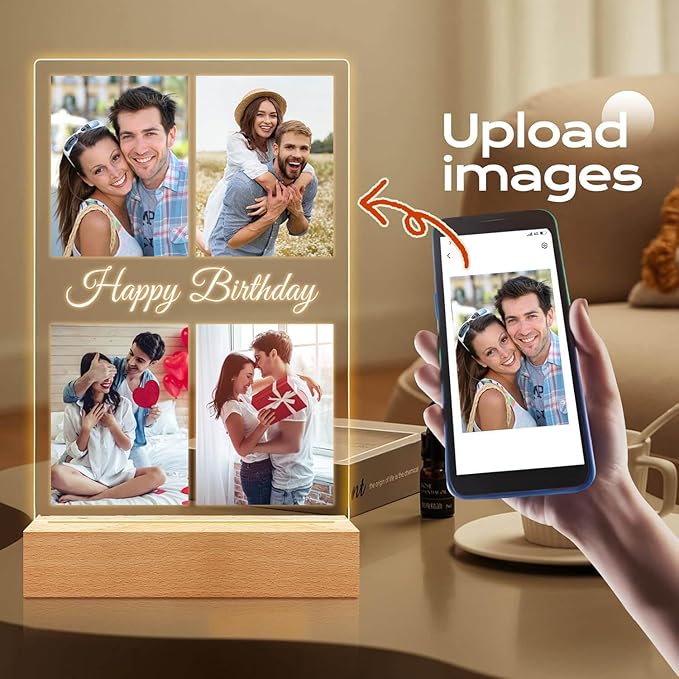 Personalized Christmas Birthday Gifts for Women & Men, Custom Photo Frame, Personalized Picture Frame with Night Light, Customized Anniversary Couple Gifts for Him & Her