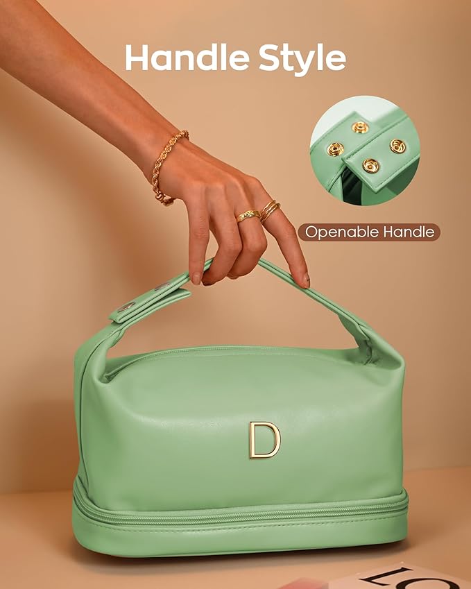 Gifts for Women 20s, Personalized Makeup Bag with Handle, Initial Double Layer Cosmetic Bag with Makeup Brush Organizer, Cute Cosmetic Pouch for Women, Gifts for Friends Female Mom