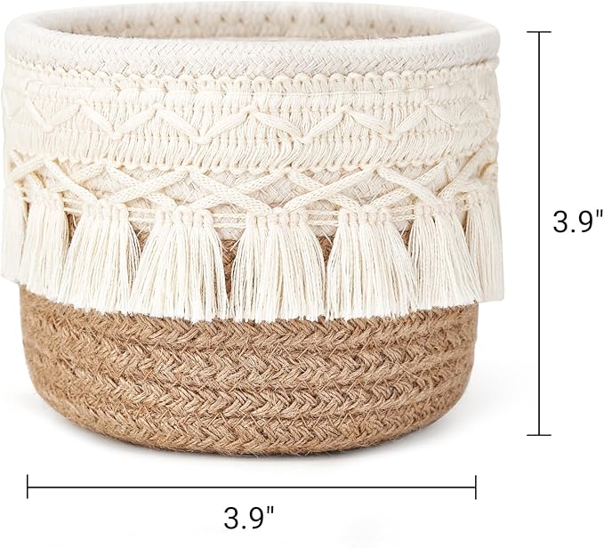 Mkono Macrame Makeup Brush Holder Organizer Comb Brushes Mini Storage Basket Set of 2 Boho Decor Baskets for Pen Pencil Box Container,Yellow and White