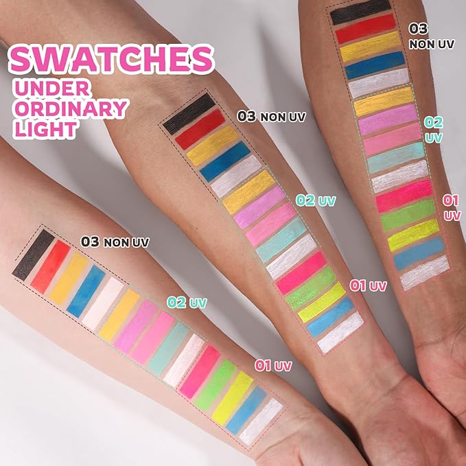 YOUNG VISION 2-PACK Water-Activated Face & Body Paint Palette Set – Neon Fluorescent, Glow Under UV and Blacklight, FX Makeup for Face Painting, Blacklight Glow, Eyeliner, and Body Art