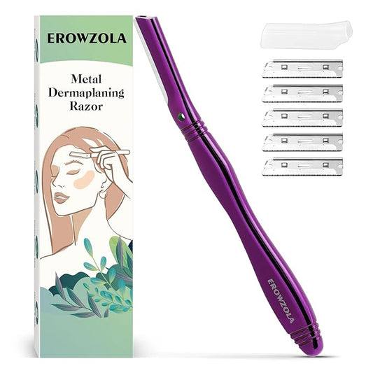 Eyebrow Razor for Women and Men, Face Razors for Women, Dermaplane Razor with Protective Silicone Cover, Reusable Metal Handle with 6 Refill Blades, Skin Care Tool - Purple