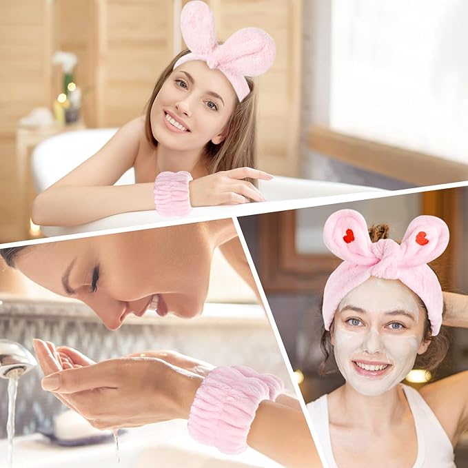 4Pack Headband and Wristband Set for Washing Face, Spa Skincare Makeup Headband, Soft Puffy Hair Band Bow Tie, for Women and Teen Girl Trendy Stuff Gifts