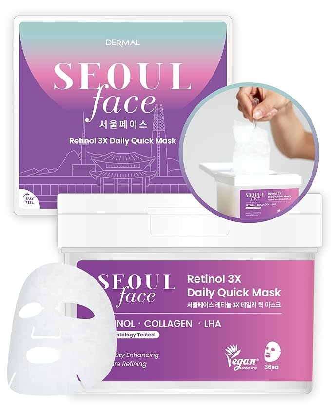 DERMAL Seoul Face Retinol 3X Daily Quick Mask 36 Sheet – Korean Skincare Vegan Tencel Facial Masks - Anti Aging, Wrinkle Improvement Mask Sheets with Collagen, LHA, Peptide