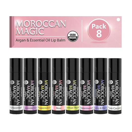 Moroccan Magic Organic Lip Balm Variety Pack Gift Set | Natural Argan and Essential Oils | Smooth | Non-Toxic Cruelty Free | 8 Pack
