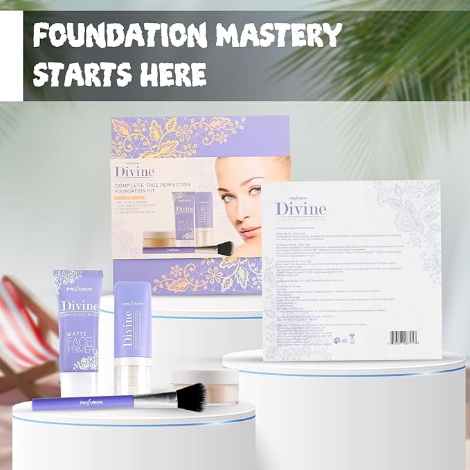 Profusion Cosmetics Divine Face Perfecting Foundation Kit, Including 1 Matte Face Primer, Foundation, Powder, Tapered Brush for Flawless Makeup