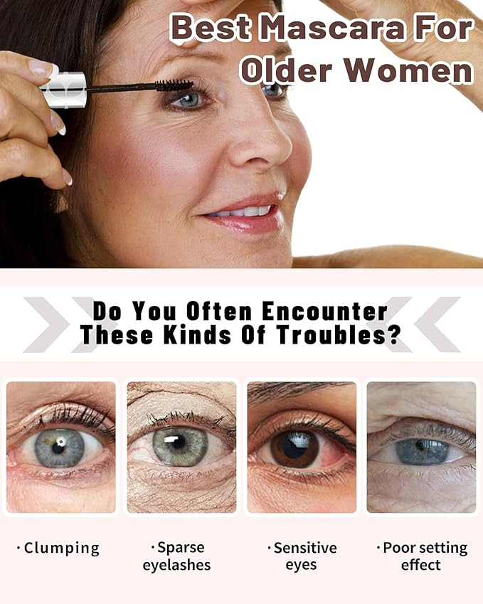 Mascara for Older Women 60 Plus -2Pcs Black Mascara Volume and Length for Mature Women with Thinning Lashes, Prime Máscara Waterproof Long Lasting Volumizing, Hypoallergenic Máscara for Sensitive Eyes