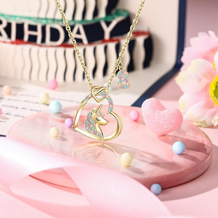 Hidepoo Birthday Unicorns Gifts for Girls - Unicorn Necklace Birthday Gift for 3-16 Year Old Girl Colorful CZ Heart Pendant Unicorn Necklace for Girls Gifts Jewelry