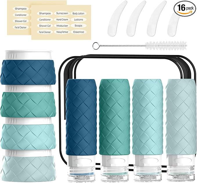 16 Pack Travel Bottles for Toiletries, TSA Approved Travel Size Toiletries Containers Set, BPA-Free Silicone Leak Proof Refillable Bottles Stackable Creams Jars Accessories Kit W/Clear Bag Mint Green