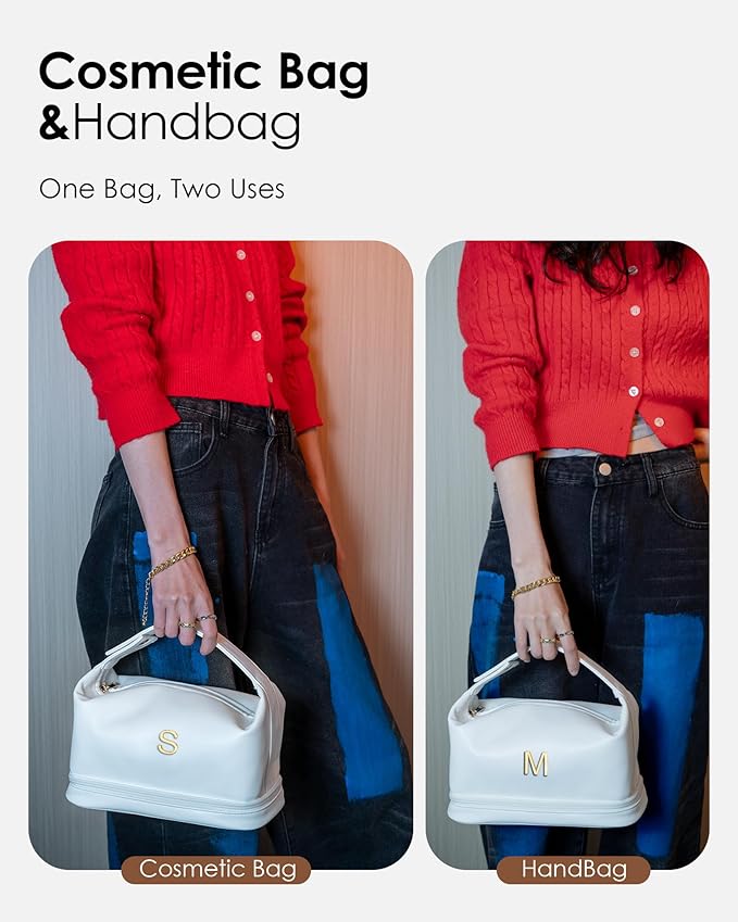 Makeup Bags for Teens Girls, Initial Double Layer Cosmetic Bag with Makeup Brush Organizer, Large Capacity PU Leather Travel Toiletry Bag, Gifts for Friends Female Mom