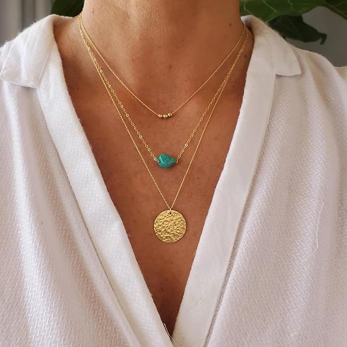 Dainty Gold Heart Necklace for Women - 14K Gold/Silver Plated Cute Heart Handmade Disc Circle Bee Choker Adjustable Necklace for Women Trendy Jewelry