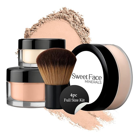 4pc Full Size Kit (Pink Bisque) Mineral Makeup Matte Translucent Loose Foundation + Kabuki Brush + Concealer + Finishing Setting Powder + Bare Face Full Coverage SPF 30 All Skin Types Waterproof