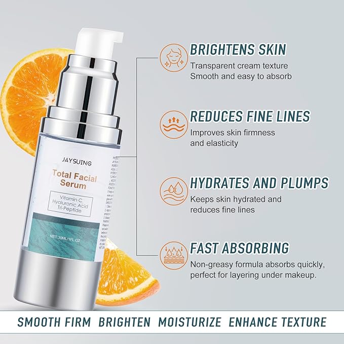 Vitamin C Serum for face with Hyaluronic Acid,Tri-Peptide Anti-Aging Facial Treatment for Mature Skin, Dark Spot Removal, Wrinkle Reduction, Firming, collagen-hydrating,antioxidant formula, 1 fl.oz