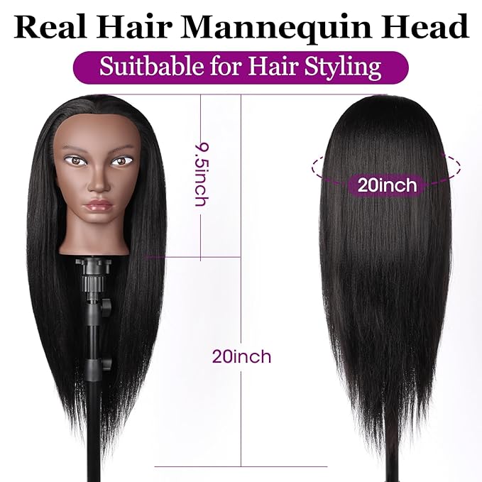 Beauty Star Mannequin Head, Manikin Doll Head 80% Real Human Black Hair for Styling, Cosmetology Makeup Hairdressing Training Practice Head with Clamp Stand and DIY Hair Styling Braiding Set