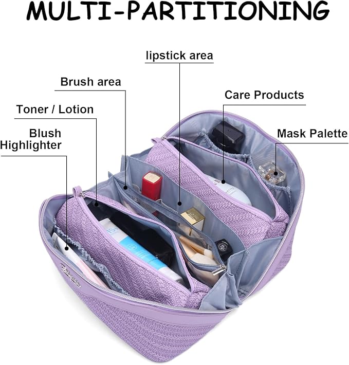 BOYATU Travel Makeup Bags for Women: Large Cosmetic Bag Waterproof - Vegan Leather Make up Bag Set of 3 - Compact Toiletry Organizer with Compartments & Handle & Divider (Z-Purple)