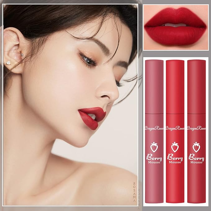 Sulily 3Pcs Dark Red Matte Lipstick Set,Red Matte Lipstick Long Lasting for Women,Velvet Air Moisture Smooth Crayon Lip Stain,24 Hours Wear Non-Stick Cup Not Fade Waterproof Lip Gloss Makeup