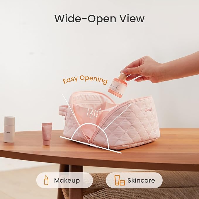 LOVEVOOK Travel Makeup Bag for Women, 2Pcs Puffer Waterproof Cosmetic Organizer, Large Capacity Pouch Open Flat Small Toiletry Bag with Brush Compartment & Handle, Portable Gift for Her, Pink