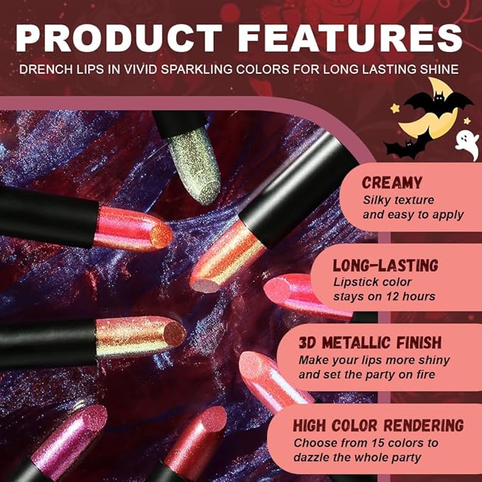 Kaely Glitter Metallic Lipstick, Shimmer Metallic Lipsticks for Women, High Pigmented Lip Gloss Long Lasting Waterproof Smudge Proof 24 Hour, Halloween Makeup, Vegan & Cruelty-Free, 10