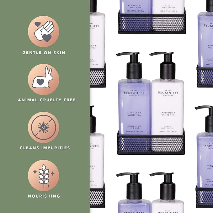 Pecksniff's Handwash Soap and Lotion Set, Stress Reducing, Aromotherapy Cleanser That Leaves Hands Soft and Lightly Scented (Lavender and White Tea, Black Caddy)