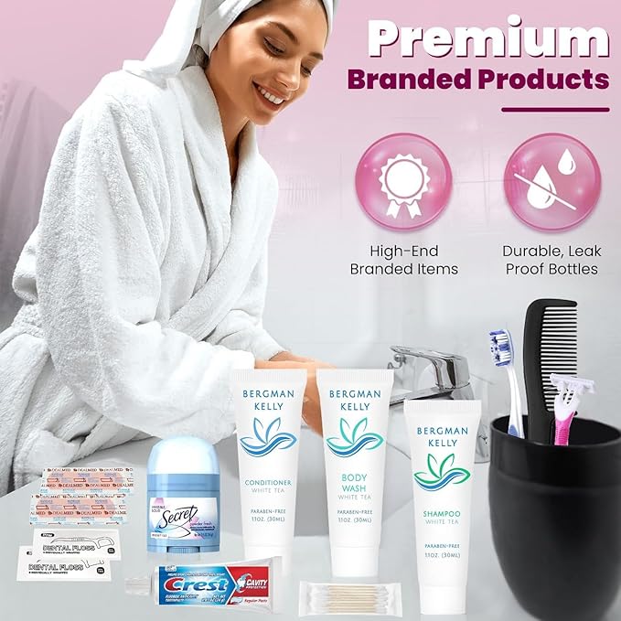 Trektote Bulk Hygiene Kit For Women – (25 Pack) 12 Piece Set Of Travel Size Toiletries, TSA Compliant, Bulk Travel Essentials, Includes Shampoo And Conditioner, Body Wash, Toiletry Bag & More