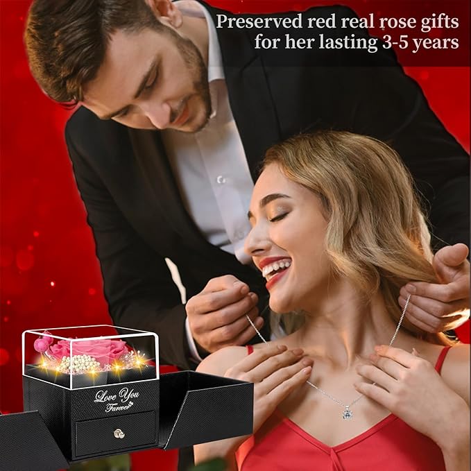 Preserved Pink Real Rose with Heart I Love You Necklace -Eternal Flowers Rose Birthday Gifts for Her Mom Wife Girlfriend Grandma on Valentines Mothers Day Christmas Anniversary Romantic-Pink