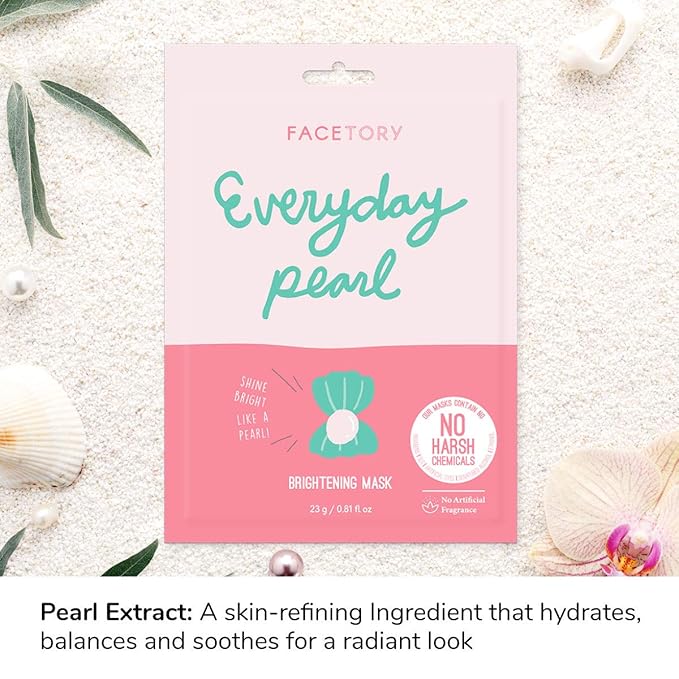 FACETORY K Beauty Face Mask Skin Care - Everyday PEARL Brightening Sheet Mask | Plant-Based with Pearl Essence (5 Pack)