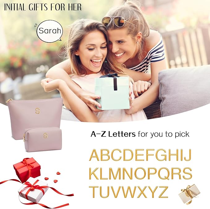 Women Gifts | Initial Makeup Bag Set for Girl Personalized Gifts for Bridesmaid Friend Graduation Teachers PU Leather Cosmetic Travel Toiletry Bag(Pink,E)