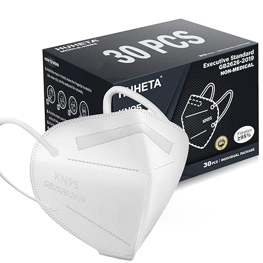 HUHETA KN95 Face Masks, 30 Packs Individually Wrapped, 5-Ply Breathable & Comfortable Safety Mask, Filter Efficiency=95%, Protective Cup Dust Masks Against PM2.5 (White Mask)