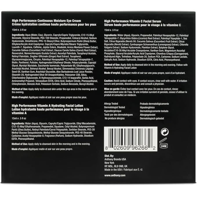 Anthony High-Performance Trio Kit – Eye Cream (0.5 Fl Oz), Vitamin C Facial Serum (0.5 Fl Oz), and Vitamin A Hydrating Facial Lotion (0.5 Fl Oz) – Anti-Aging Skincare for All Skin Types