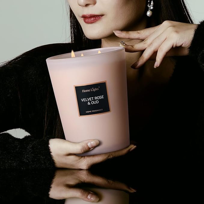 HomeLights Scented Candles | Large Jar Candle-33.3 Oz. Natural Soy Aromatherapy Candles | Up to 130 Hours Burn Time with 3 Cotton Wicks, Home Decorative Fragrance Candles Gift - Velvet Rose Oud