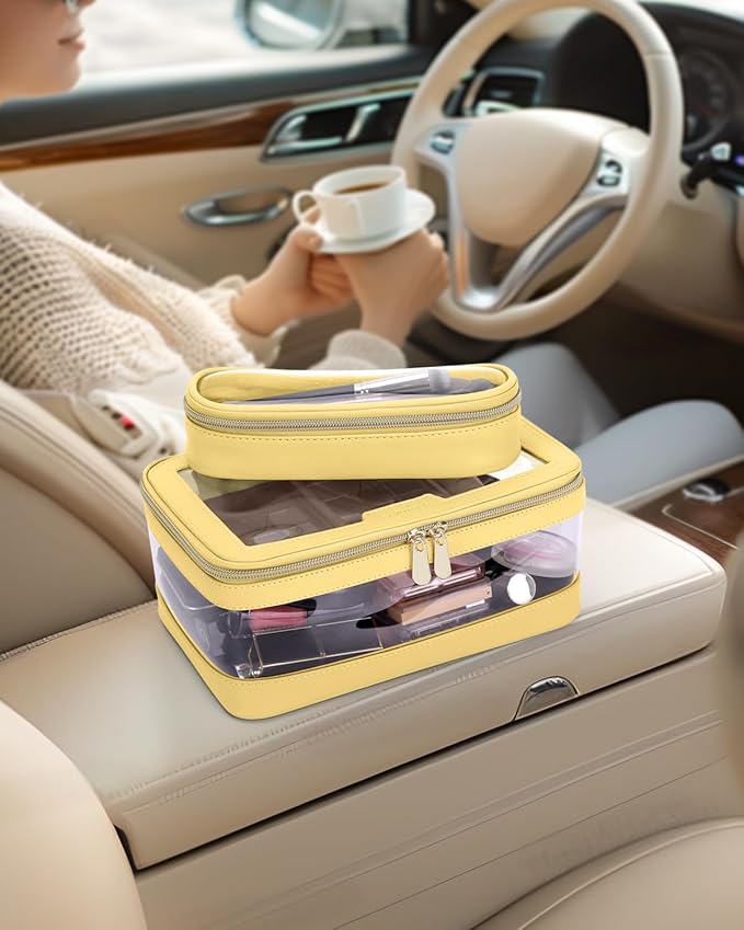 Travel Clear Makeup Bag with Makeup Brush Bag, Leather Makeup Case Toiletry Bag, Portable Cosmetic Bag Case, Transparent Waterproof Cosmetic Organizer Storage Bag for Women, Yellow
