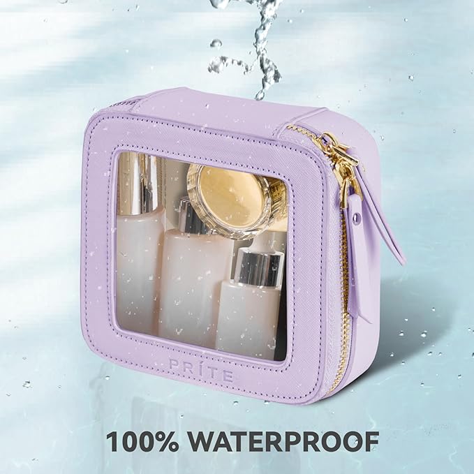 Prite Small Makeup Bag for Women Portable Clear Makeup Bag Cute Mini Waterproof Travel Cosmetic Bag with Gold Zipper for Car Essentials(Violet)