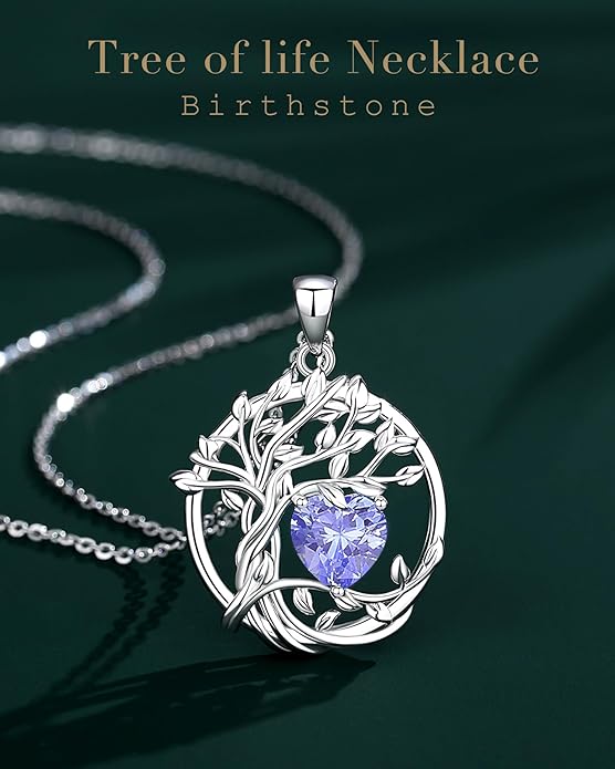 FANCIME Tree of life Birthstone necklace Sterling Silver Pendant Birthstone Necklace Gemstone Anniversary Birthday Jewelry Christmas Gifts for Mom Her Wife