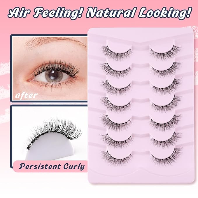 Natural Lashes Wispy Cat Eye Lashes 12mm False Eyelashes Natural Look Strip Lashes Thin Cotton Band Soft Eyelashes 3D Volume Lashes Pack C Curl Siligli Eyelashes 7 Pair