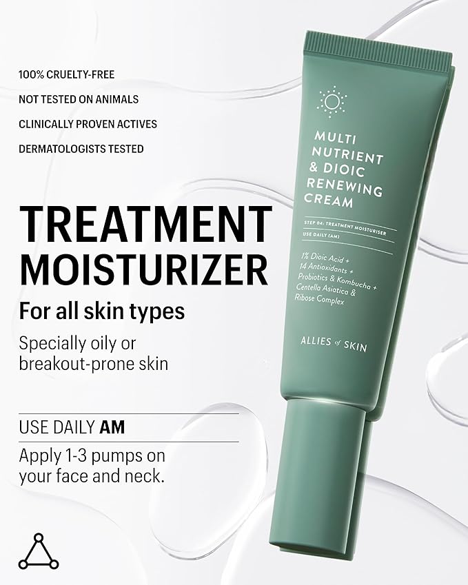 Allies of Skin Multi Nutrient & Dioic Renewing Cream: Moisturizer with Dioic Acid, 14 Antioxidants, Probiotics & Centella Asiatica. Targets Imperfections, Brightens & Protects Skin 1.7 oz / 50 ml