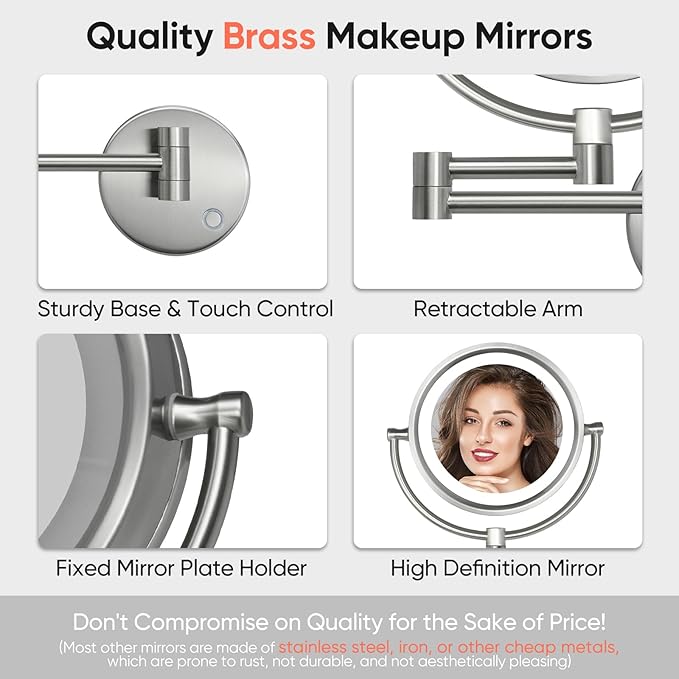 GURUN 8.5 Inch Magnifying Makeup Mirror with 3 Tones Dimmable LED Lights Double Sided Touch Control Vanity Mirror for Bathroom with 10X Magnification M1809DN (Brushed Nickel/10X)