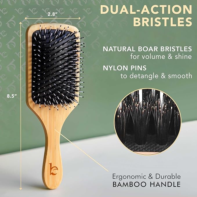 Boar Bristle Paddle Hair Brush - Smoothing Wood Brush for Thick, Curly & Wavy Hair, Detangling Natural Bristles for Women, Stimulates Scalp