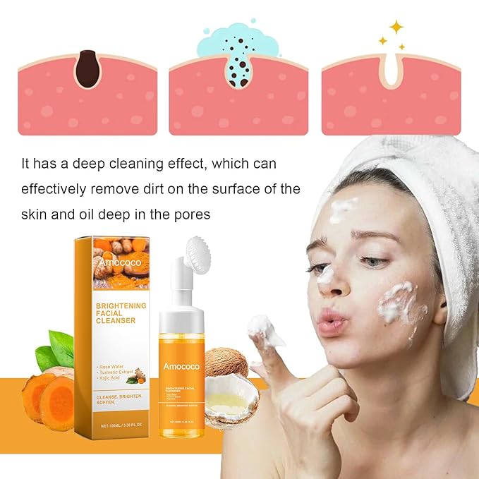 Turmeric & Kojic Acid Face Wash with Silicone Brush, Cleanser for Dark Spot Correction, with Rose Water to Soothe and Hyaluronic Acid to Hydrate, 3.38 fl oz