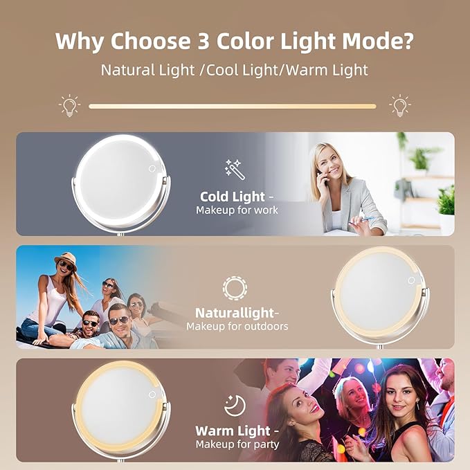 Makeup Mirror with Lights, 8" Double Sided 1x/10x Magnifying Vanity Mirror with 3 Color Lights, Rechargeable, 360° Rotation and Adjustable Height, Gift for Women Her