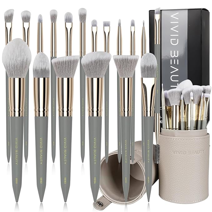 Makeup Brush Set, 18 Pcs Make up Brushes for Face and Eye with Travel Case – Natural Wood Handles – Unique Pointed Design, Makeup Brushes for Professional & Beginner Makeup Lovers (Gray)