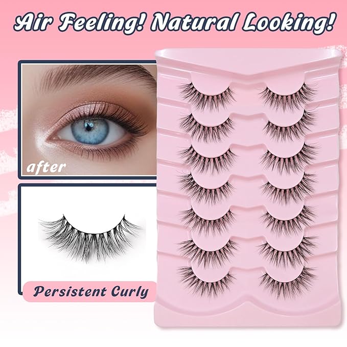 Natural Lashes Cateye False Eyelashes Wispy 12mm Cat Eyelashes Short Lash Pack for Small Eyes Eyelash with 0.1MM Thin Cotton Band 3D Volume Fake Eyelashes Siligli Soft Strip Lashes 7 Pairs