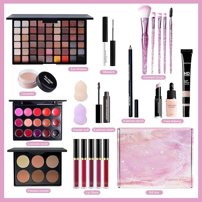 Makeup Set Full Kit for Girls Teens Women, Beginner Makeup Kit, 54 Color Eyeshadow Palette, Mascara, Lip Gloss, Foundation, Concealer, Makeup Brushes Set, All-in-One Makeup Kit