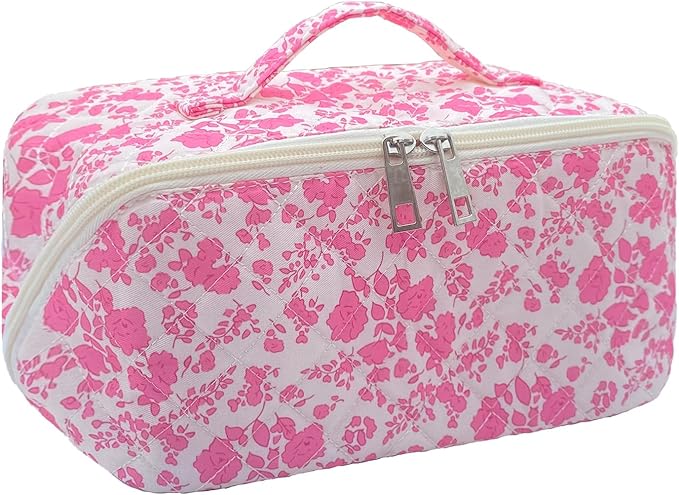 Pink Large Quilted Floral Makeup Bag Cute Coquette Aesthetic Cosmetic Bag Open Flat Travel Toiletry Make up Bag for Women