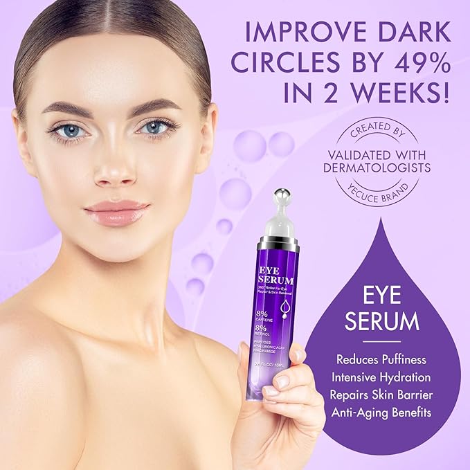 Under Eye Roller Serum - 8% Caffeine & 8% Retinol Eye Cream for Dark Circles, Puffiness and Bags, Puffy Bags Fine Lines Wrinkles, 360° Massage Ball Cream, Hyaluronic Acid Serum for Men & Women