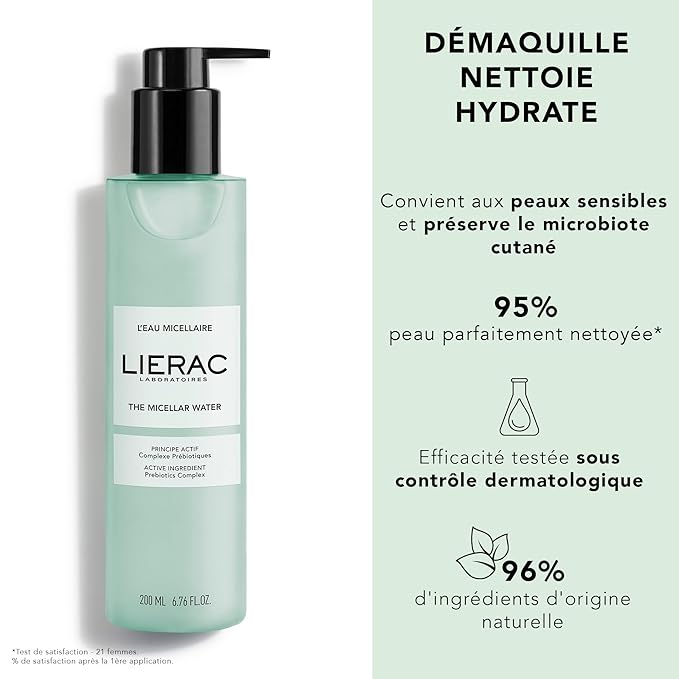Lierac Demaquillant Micellar Water - Gentle Makeup Remover for Sensitive Skin, Cleanses - Moisturizes, Hydrating & Soothing, Eye Makeup Remover, Micellar Cleansing Water - 200ml