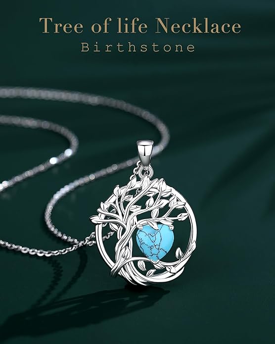 FANCIME Tree of life Birthstone necklace Sterling Silver Pendant Birthstone Necklace Gemstone Anniversary Birthday Jewelry Christmas Gifts for Mom Her Wife