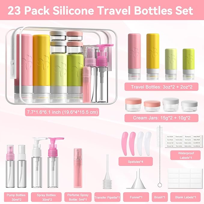 INSFIT Travel Bottles for Toiletries 23pack, TSA Approved Travel Size Toiletries, Airplane Essentials for Creams, Shampoo, Cosmetic Liquids