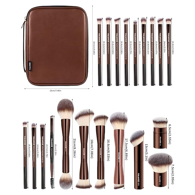MAANGE 20 PCS Makeup Brush Set with Bag, Double-ended Kabuki Brush Foundation Contour Brush for Liquid Powder Concealer Eye Shadows Cream Cosmetics Blending Blush Face Makeup Tools with Case (Coffee)