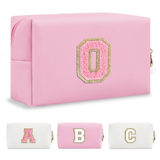Personalized Initial A-Z Preppy Patch Makeup Bag,Small PU Leather Chenille Letter Cosmetic Bag with Zipper for Teen Girls,Pink Cute Travel Toiletry Bag,Birthday Monogrammed Gift for Daughter,Letter O