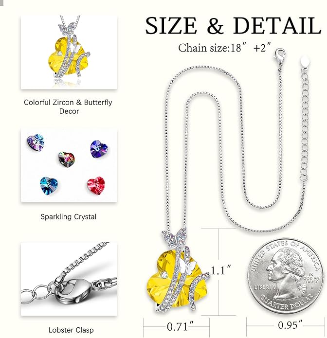 ASELFAD Butterfly Love Heart Pendant Necklace with Crystals, Anniversary Birthday Jewelry for Women Mom Grandma Wife Girlfriend