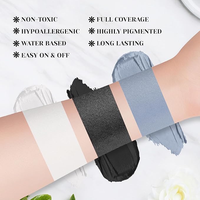 Black White Grey Face Body Paint Stick Set with Translucent Setting Powder and 3 Sponges, Professional Full Coverage Face Painting for Adults Halloween Cosplay SFX Skeleton Monster Makeup